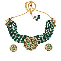 Gehena by Estele Gold Plated Fascinating Circular Designer Kundan-Studded Necklace Set with Green Beaded Pearls for Girls and Women