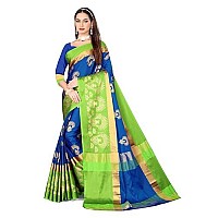 Leriya Fashion Saree for Women - Cotton Silk Traditional Print & Golden Zari Designer Rich Border with Un-Stitched Blouse Piece Suitable for Festival, Function, Occasional for Ladies (Blue)