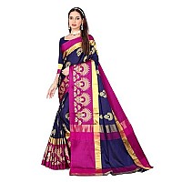 Leriya Fashion Saree for Women - Cotton Silk Traditional Print & Golden Zari Designer Rich Border with Un-Stitched Blouse Piece Suitable for Festival, Function, Occasional for Ladies (DarkBlue)