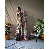 SGF11 Womens Cotton Linen Kalamkari Silk Printed Saree With Blouse Piece (Light Green)