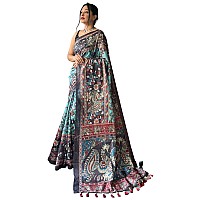 SGF11 Womens Cotton Linen Kalamkari Silk Printed Saree With Blouse Piece (Blue)