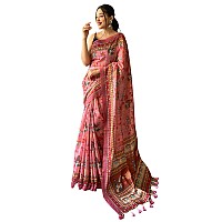 SGF11 Womens Cotton Linen Kalamkari Silk Printed Saree With Blouse Pieces Pink