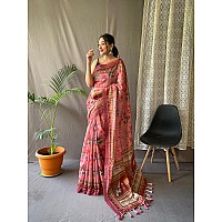 SGF11 Womens Cotton Linen Kalamkari Silk Printed Saree With Blouse Pieces Pink