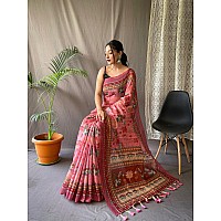 SGF11 Womens Cotton Linen Kalamkari Silk Printed Saree With Blouse Pieces Pink