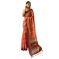 SGF11 Womens Cotton Linen Kalamkari Silk Printed Saree With Blouse Pieces Orange