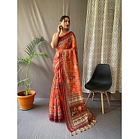 SGF11 Womens Cotton Linen Kalamkari Silk Printed Saree With Blouse Pieces Orange