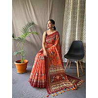 SGF11 Womens Cotton Linen Kalamkari Silk Printed Saree With Blouse Pieces Orange