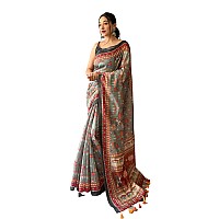 SGF11 Womens Cotton Linen Kalamkari Silk Printed Saree With Blouse Pieces Gray