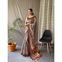 SGF11 Womens Cotton Linen Kalamkari Silk Printed Saree With Blouse Pieces Gray