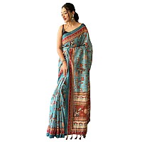 SGF11 Womens Cotton Linen Kalamkari Silk Printed Saree With Blouse Pieces Blue