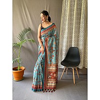 SGF11 Womens Cotton Linen Kalamkari Silk Printed Saree With Blouse Pieces Blue