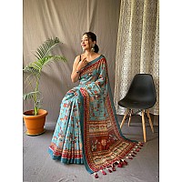 SGF11 Womens Cotton Linen Kalamkari Silk Printed Saree With Blouse Pieces Blue