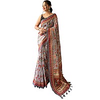 SGF11 Womens Cotton Linen Kalamkari Silk Printed Saree With Blouse Pieces Light Gray