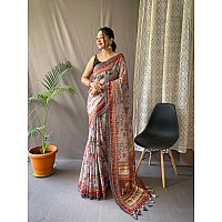 SGF11 Womens Cotton Linen Kalamkari Silk Printed Saree With Blouse Pieces Light Gray