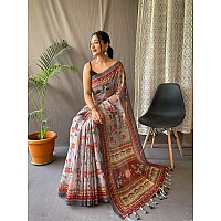 SGF11 Womens Cotton Linen Kalamkari Silk Printed Saree With Blouse Pieces Light Gray