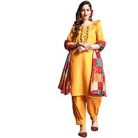 EthnicJunction Women's Embroidered Mirror Work Cotton Straight Kurta Patiala & Dupatta Set(SKD44-Sawan-Mustard_M)