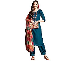 EthnicJunction Women's Embroidered Mirror Work Cotton Straight Kurta Patiala & Dupatta Set(SKD44-Sawan-Teal_XL)