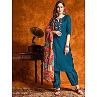 EthnicJunction Women's Embroidered Mirror Work Cotton Straight Kurta Patiala & Dupatta Set(SKD44-Sawan-Teal_XL)