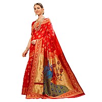 EthnicJunction Womens Paithani Silk Blend Woven Saree With Blouse Piece (Red)