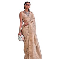 SWORNOF Womens Lichi Soft Silk Saree With Unstitched Blouse Piece CREAM