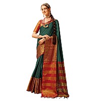 EthnicJunction Womens Silk Blend Kanchipuram Saree With Blouse Piece EJ7104PurvaBottle GreenBottle Green