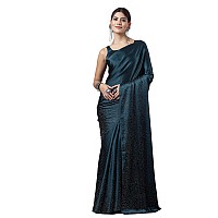 SIRIL Womens Hot Fixing Satin Silk Saree with Unstitched Blouse Piece 3111S413Teal Blue