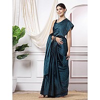 SIRIL Womens Hot Fixing Satin Silk Saree with Unstitched Blouse Piece 3111S413Teal Blue