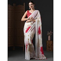 AKHILAM Womens Georgette Floral Printed Saree With Unstitched Blouse PieceWhiteDIPIKA104SU