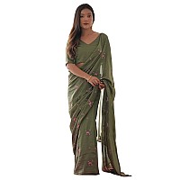 AKHILAM Womens Vichitra Silk Embroidered Saree With Unstitched Blouse Piece