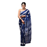 Crafts Moda Women Pure Cotton Blue Saree Floral Printed With Unstitched Blouse