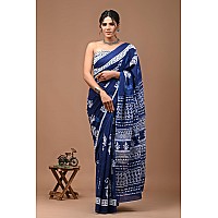 Crafts Moda Women Pure Cotton Blue Saree Floral Printed With Unstitched Blouse