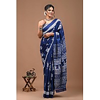 Crafts Moda Women Pure Cotton Blue Saree Floral Printed With Unstitched Blouse