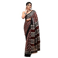 Crafts Moda Women Pure Cotton Maroon Saree Floral Printed With Unstitched Blouse