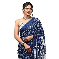 Crafts Moda Women Pure Cotton Navy Blue Saree Floral Print With Unstitched Blouse