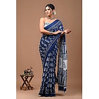 Crafts Moda Women Pure Cotton Navy Blue Saree Floral Print With Unstitched Blouse