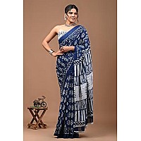 Crafts Moda Women Pure Cotton Navy Blue Saree Floral Print With Unstitched Blouse