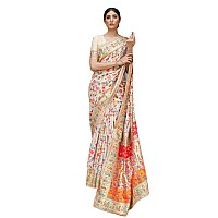 SGF11 Womens Kanjivaram Pure Soft Silk Handloom Saree Pure Golden Zari With Blouse Piece White Kashmiri