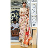 SGF11 Womens Kanjivaram Pure Soft Silk Handloom Saree Pure Golden Zari With Blouse Piece White Kashmiri