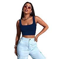 Sugathari Womens Girls Solid Ribbed Boat Neck Sleeveless Crop Tops For Women Top 36 N Blue M