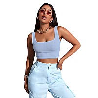 Sugathari Womens Girls Solid Ribbed Boat Neck Sleeveless Crop Tops For Women Top 36 Sky Blue M