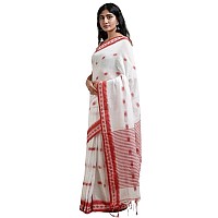 Sareekatha Womens Handloom Cotton Saree with Running Blouse Piece. (White-red)