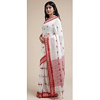 Sareekatha Womens Handloom Cotton Saree with Running Blouse Piece. (White-red)