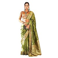 GRECIILOOKS Womens Casual Jacquard Cotton Silk Regular Fit Saree Green