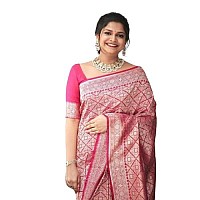 Flosive Womens Kanjivaram Silk Saree With Handloom Weaving Work With Blouse (PINK)