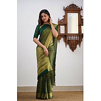 Flosive Womens Kanjivaram Silk Saree With Handloom Weaving Work With Blouse (GREEN)