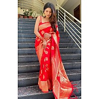 Flosive Womens Kanjivaram Silk Saree With Handloom Weaving Work With Blouse (RED R)