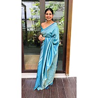 Flosive Womens Kanjivaram Silk Saree With Handloom Weaving Work With Blouse (SKY)