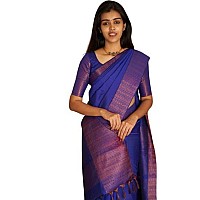 Flosive Womens Kanjivaram Silk Saree With Handloom Weaving Work With Blouse (ROYAL BLUE)