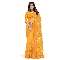 Jaanvi fashion Womens Floral Embroidery Work Net Silk Saree with Lace Border Blouse Piece mmrealmeyellow