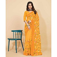 Jaanvi fashion Womens Floral Embroidery Work Net Silk Saree with Lace Border Blouse Piece mmrealmeyellow